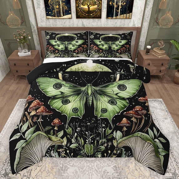 jejeloiu Green Moth Full Size Comforter Sets,Brown Fungus Moushroom Bedding Comforter Set,Rustic Plants Leaves Bedding Sets For Kids,Breathable Home Decor Reversible,3-Piece