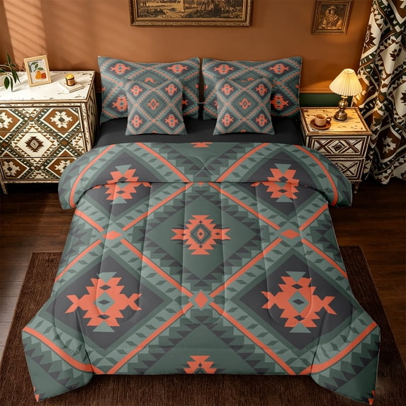 jejeloiu Green Orange Rhombus 7pcs Bedding Comforter Set,Boho Exotic Geometric Queen Bedding Sets,Rustic Aztec Triangle Queen Sheet Sets For Adults,Super Cozy Room Decor Reversible