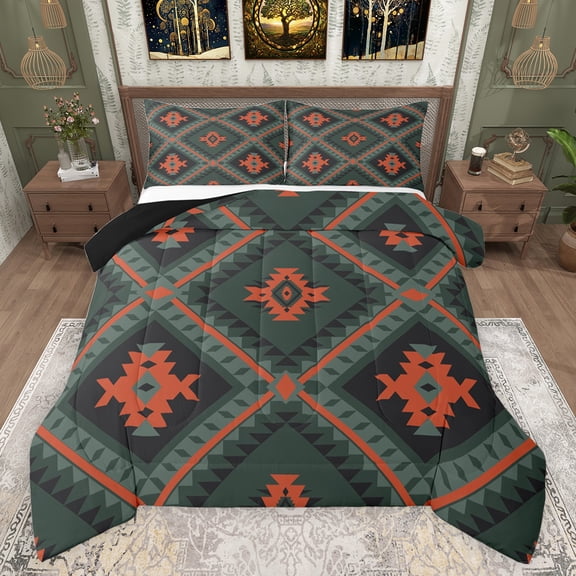 jejeloiu Green Orange Rhombus Queen Comforter Set,Boho Exotic Geometric Bedding Sets,Rustic Aztec Triangle Bedding Comforter Set For Adults,Super Cozy Room Decor Reversible,3 Pieces