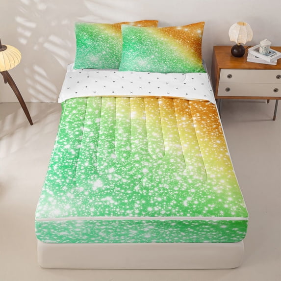 jejeloiu Green Orange Sparkle Print Zipper Twin Comforter Sets with Fitted Sheet and 2 Pillowcases Kids,Colorful Gradient Pattern Zipper Bedding Set For Girls,Reversible,4-Piece