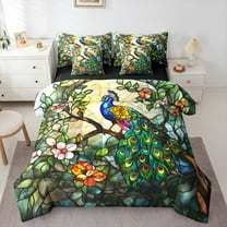 jejeloiu Green Peacock 7-Piece Twin Bedding Sets,Zoo Animal Bedding Comforter Set,Colorful Flower Floral Sheet Sets For Girls,Luxury Bedroom Decor Reversible