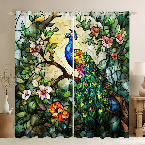 jejeloiu Green Peacock Curtains Pack of 2 (42x84 Each),Zoo Animal Curtains Blackout,Colorful Flower Floral Bedroom Curtains For Girls,Luxury Bedroom Decor