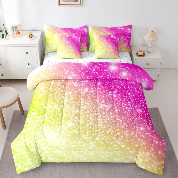 jejeloiu Green Pink Sequin Print 7pcs Bedding Comforter Set Kids,Dreamy Princess Style Queen Bedding Sets For Girls,Reversible