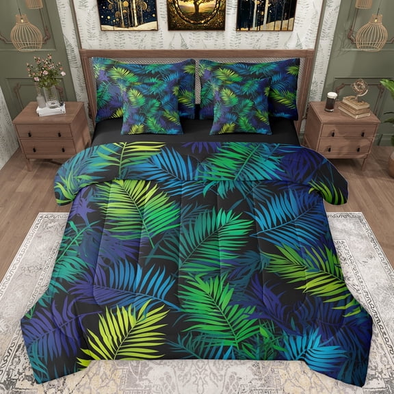 jejeloiu Green Plam Leaves 7-Piece Twin Bedding Sets,Tropical Botanical Bedding Comforter Set,Monstera Leaf Plant Sheet Sets For Men Women,Ultra Soft Home Decor Reversible