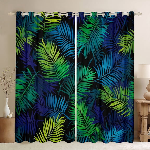 jejeloiu Green Plam Leaves Blackout Curtains Set of 2 (52x84 Each),Tropical Botanical Window Curtains,Monstera Leaf Plant Curtains and Drapes For Men Women,Ultra Soft Home Decor