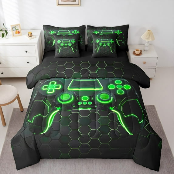 jejeloiu Green Teens Gamepad Bedding Comforter Set 7 Pieces,Modern Gamer Full Bedding Set,Black Honeycomb Hexagon Fitted Sheet Flat Sheet For Boys Kids,Ultra Soft Home Decor Reversible