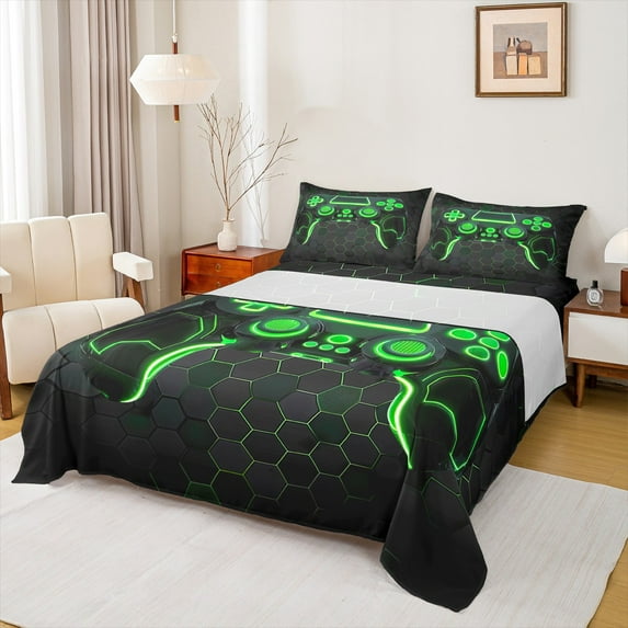 jejeloiu Green Teens Gamepad Queen Sheet Sets,Modern Gamer Flat Sheet,Black Honeycomb Hexagon Queen Fitted Sheet For Boys Kids,Ultra Soft Home Decor,4pcs