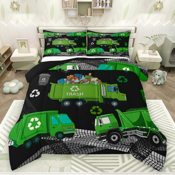 jejeloiu Green Trash Truck Full Size Comforter Sets,Environmental Protection Theme Bedding Comforter Set,Vehicle Car Bedding Sets For Kids,Ultra Soft Home Decor Reversible,3-Piece