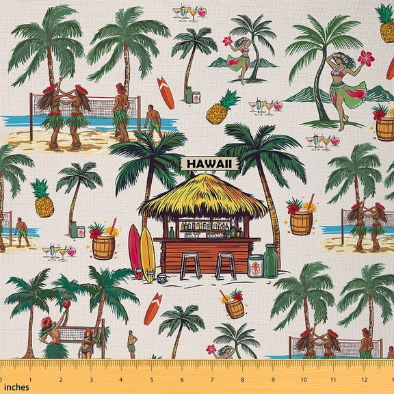jejeloiu Green Tropical Coconut Fabric by the Yard 1 Yard,Hawaii Beach Holiday Home Decor Fabric by the Yard,Summer Pineapple Drinks Sewing Fabric For Girls Boys,Super Cozy Room Decor