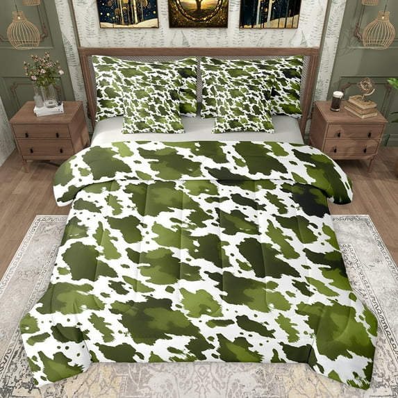 jejeloiu Green White 7 Pieces Bedding Comforter Set,Rustic Farmhose Full Bedding Set,Vintage Camo Camouflage Fitted Sheet Flat Sheet For Adults,Super Cozy Room Decor Reversible