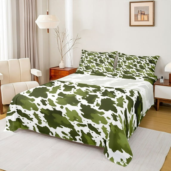 jejeloiu Green White Bed Sheets,Rustic Farmhose King Sheets,Vintage Camo Camouflage Sheet Set For Adults,Super Cozy Room Decor,4-Piece