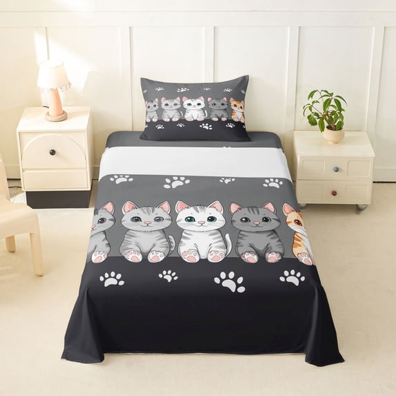 jejeloiu Grey Paw Print Cat Twin Sheet Sets Kids,Minimal Kitten Print Bedding,3pcs