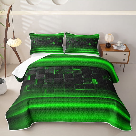 jejeloiu Grid Geometric Design Twin Quilt Set For Kids,Green Neon Striped Check Twin Coverlet Set For Boy,2pcs