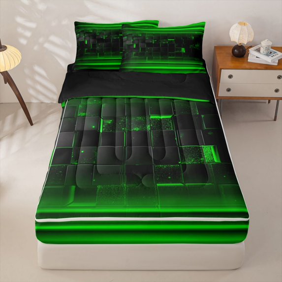 jejeloiu Grid Geometric Design Zipper Twin Comforter Sets with Fitted Sheet and 2 Pillowcases For Kids,Green Neon Striped Check Zipper Bedding Set For Boy,Reversible,4 Pieces