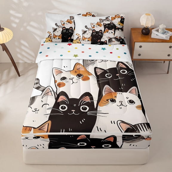 jejeloiu Group Cat Zipper Twin Comforter Sets with Fitted Sheet and 2 Pillowcases Kids,Kawaii Print Zipper Bedding Set,Reversible,4 Pieces