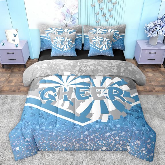 jejeloiu Gymnastic Sports 7-Piece Twin Bedding Sets,Chic Glitter Print Bedding Comforter Set,Blue White Sheet Sets For Girls Kids,Ultra Soft Home Decor Reversible