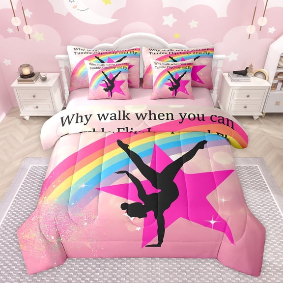 jejeloiu Gymnastics Sport Silhouette 7pcs Bedding Comforter Set,Kawaii Rainbow Stripe Queen Bedding Sets,Pink Stars Pattern Queen Sheet Sets For Girls Kids,Super Cozy Room Decor Reversible