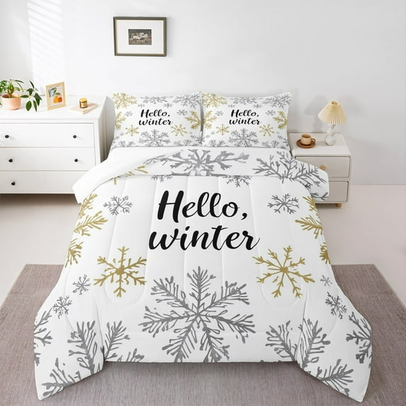 jejeloiu Hallo Winter Queen Comforter Set,Christmas Snowflake Bedding Sets,Happy New Year Bedding Comforter Set For Boys Kids,Breathable Home Decor,3-Piece