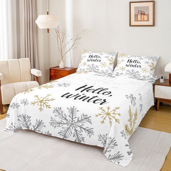 jejeloiu Hello Winter Christmas Snowflake Happy New Year Queen Sheet Set,Breathable Boys Kids Bedding,4-Piece