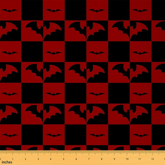 jejeloiu Halloween Bat Fabric by the Yard 1 Yard,Trick Or Treat Home Decor Fabric by the Yard,Red Black Grid Sewing Fabric For Children,Microfiber Bedroom Decor