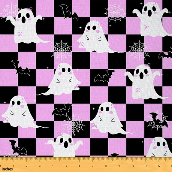jejeloiu Halloween Funny Ghost Fabric by the Yard 3 Yards,Geometric Grid Sewing Fabric,White Pink Black Fabric for Sewing For Child,Microfiber Bedroom Decor
