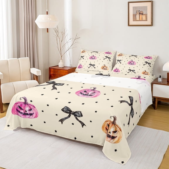 jejeloiu Halloween Funny Pumpkin Twin Sheet Sets,Kawaii Bow Bowknot Twin Fitted SheetPink Black Beige Flat Sheet For Child,Ultra Soft Home Decor,3-Piece