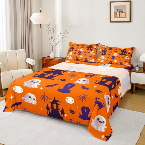 jejeloiu Halloween Ghost Bed Sheets,Spooky Castle King Sheets,Black Bats Spider Sheet Set For Boys Kids,Breathable Home Decor,4-Piece