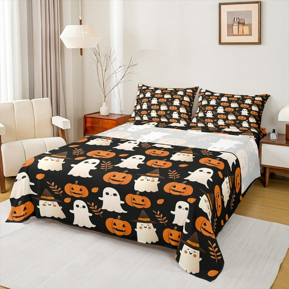jejeloiu Halloween Ghost Queen Sheet Sets,Funny Cartoon Pumpkin Flat Sheet,Rustic Leaves Queen Fitted Sheet For Child,Luxury Bedroom Decor,4-Piece