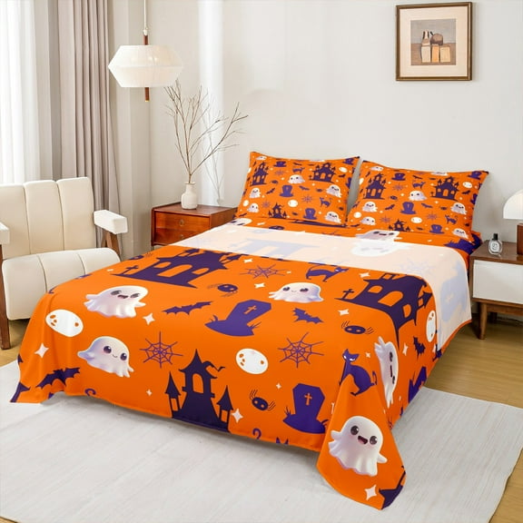 jejeloiu Halloween Ghost Queen Sheet Sets,Spooky Castle Flat Sheet,Black Bats Spider Queen Fitted Sheet For Boys Kids,Breathable Home Decor,4pcs