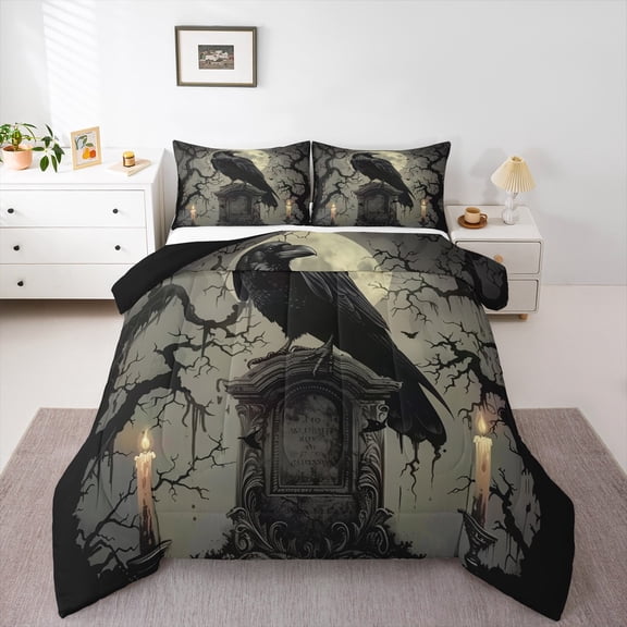 jejeloiu Halloween Gravestone Bedding Comforter Set,Dark Style Twin Comforter Sets,Black Raven Bedding Set For Men Women,Ultra Soft Home Decor Reversible,2 Pieces