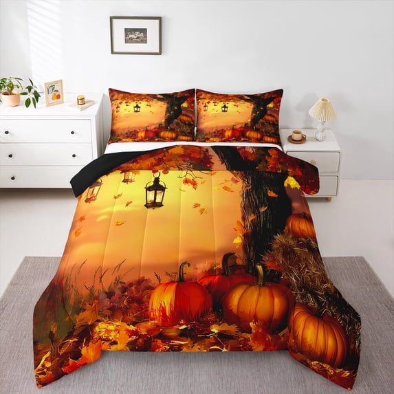 jejeloiu Halloween Pumpkin Bedding Comforter Set,Autumn Fall Maples Twin Comforter Sets,Rustic Farmhouse Cabin Bedding Set For Teens,Breathable Home Decor Reversible,2pcs