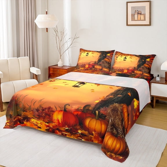 jejeloiu Halloween Pumpkin Queen Sheet Sets,Autumn Fall Maples Flat Sheet,Rustic Farmhouse Cabin Queen Fitted Sheet For Teens,Breathable Home Decor,4 Pieces
