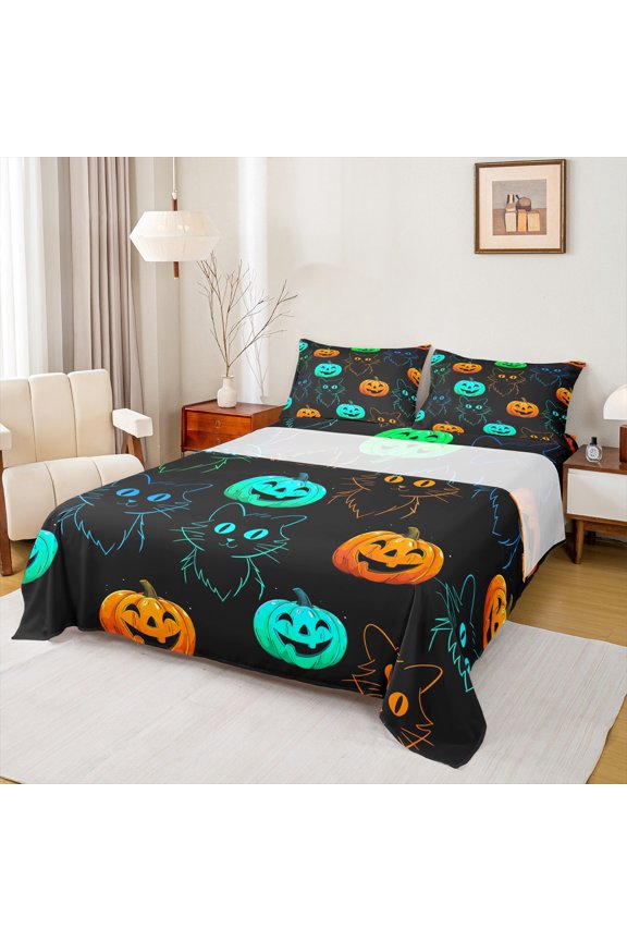 Halloween Pumpkin Twin Sheet Sets,Neon Cat Twin Fitted Sheet,Orange Cyan Black Flat Sheet For Girls,Ultra Soft Home Decor,3pcs