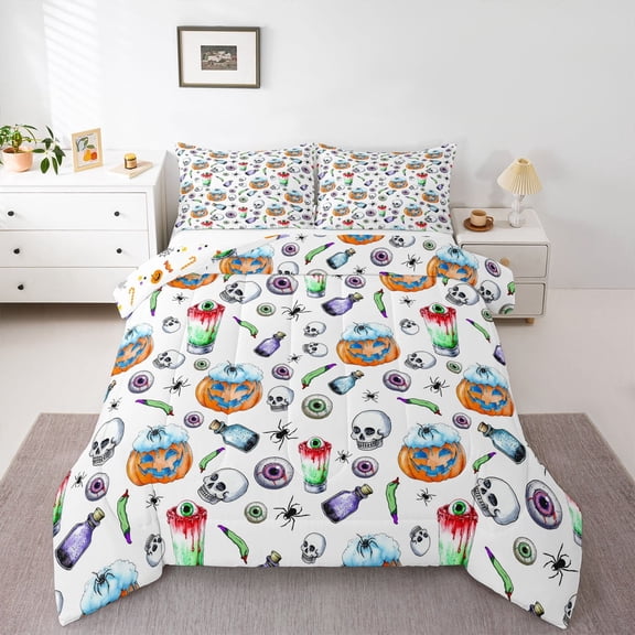 jejeloiu Halloween'S Day Full Size Comforter Sets,Spooky Pumpkin Skeleton Bedding Comforter Set,Black Spider Web Bedding Sets For Teen,Microfiber Bedroom Decoration Reversible,3-Piece