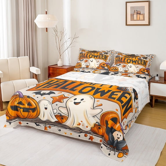 jejeloiu Halloween'S Day Queen Sheet Sets,Spooky Pumpkin Ghost Flat SheetOrange Stars Print Queen Fitted Sheet For Teen,Microfiber Bedroom Decoration,4 Pieces
