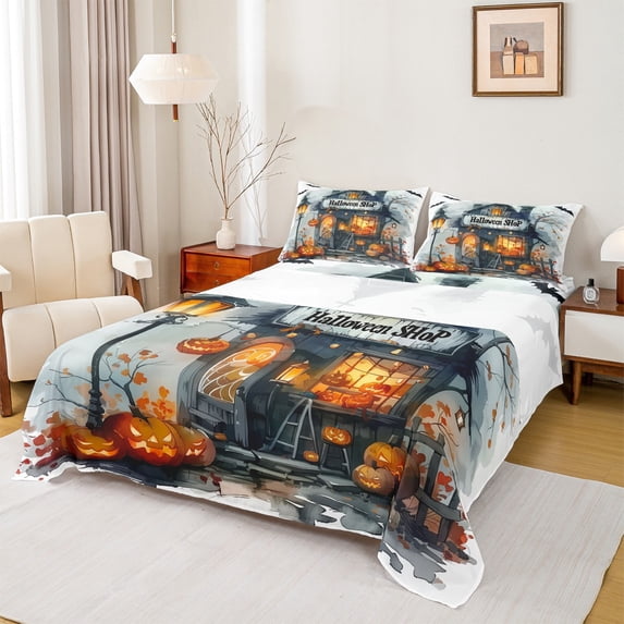 jejeloiu Halloween Shop Queen Sheet Sets,Spooky Pumpkin Lantern Flat Sheet,Autumn Fall Maples Queen Fitted Sheet For Teen,Microfiber Bedroom Decoration,4 Pieces