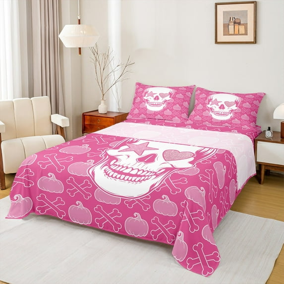 jejeloiu Halloween Skull Bed Sheets,Skeleton Pumpkin King Sheets,Pink Sequin Print Sheet Set For Girls,Super Cozy Room Decor,4 Pieces