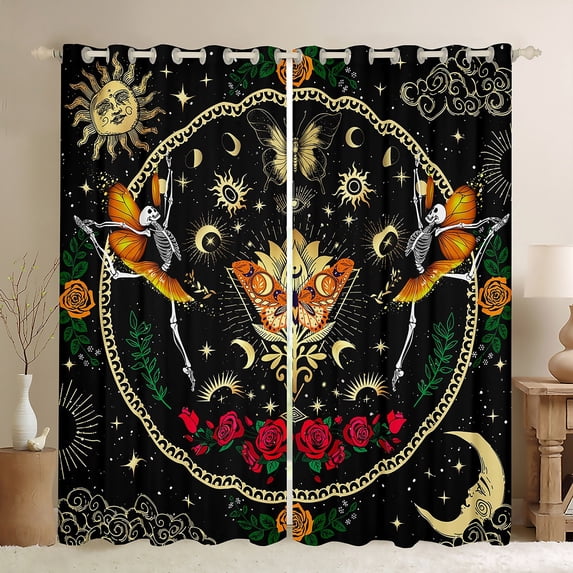 jejeloiu Halloween Skull Blackout Curtains Set of 2 (52x84 Each),Gothic Theme Window Curtains,Romantic Red Flower Curtains and Drapes For Kids,Breathable Home Decor