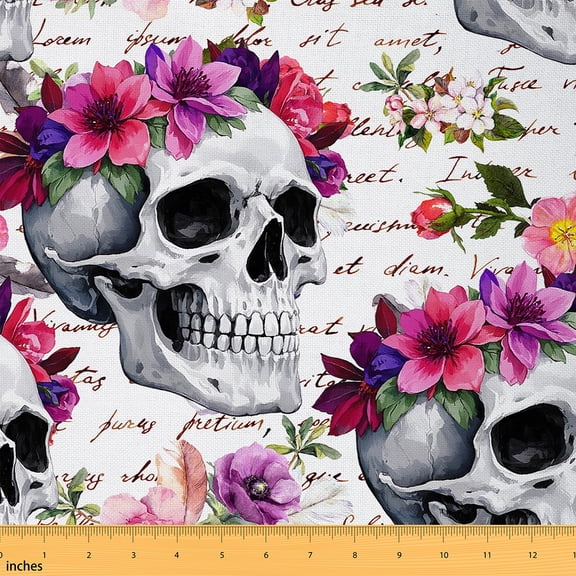 jejeloiu Halloween Skull Fabric by the Yard 1 Yard,Colorful Rustic Flower Home Decor Fabric by the Yard,Gothic Theme Sewing Fabric For Boys,Ultra Soft Home Decor