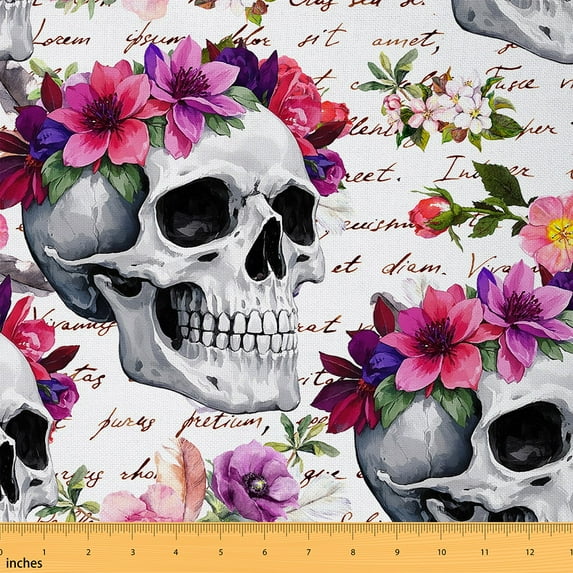 jejeloiu Halloween Skull Fabric by the Yard 10 Yards,Colorful Rustic Flower Room Decor Fabric by the Yard,Gothic Theme Sewing Fabric For Boys,Ultra Soft Home Decor
