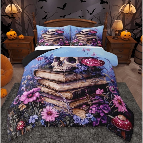 jejeloiu Halloween Skull Full Size Comforter Sets,Colorful Flower Bedding Comforter Set,Retro Book Mushroom Bedding Sets For Girl,Microfiber Room Decorative Reversible,3pcs