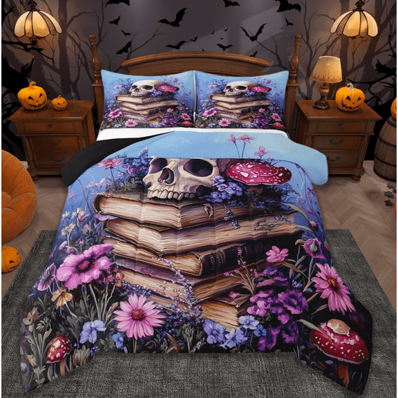 jejeloiu Halloween Skull Queen Comforter Set,Colorful Flower Bedding Sets,Retro Book Mushroom Bedding Comforter Set For Girl,Microfiber Room Decorative Reversible,3-Piece
