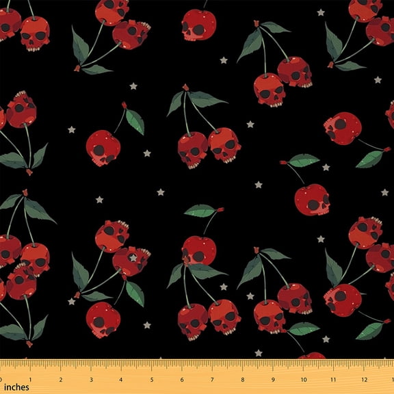 jejeloiu Halloween Skull Skeleton Fabric by the Yard 3 Yards,Gothic Cherry Sewing Fabric,Red Black Green Fabric for Sewing For Teens,Super Cozy Room Decor