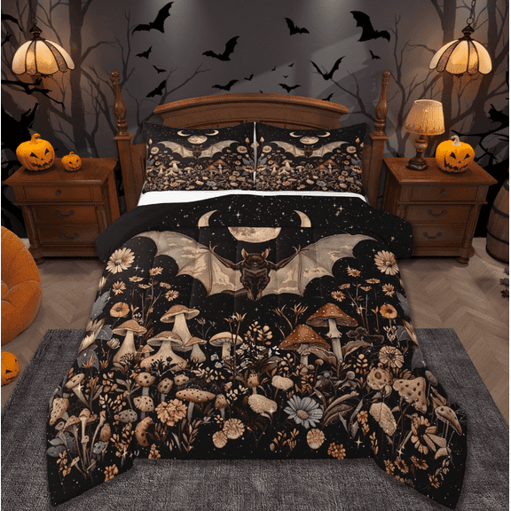 jejeloiu Halloween Spooky Bats Full Size Comforter Sets,Cartoon Mushroon Flower Bedding Comforter Set,Galaxy Starry Night Bedding Sets,Microfiber Bedroom Decor Reversible,3pcs