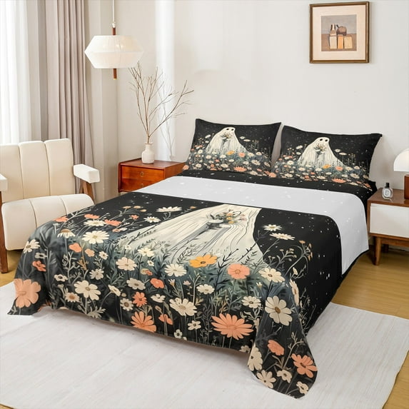 jejeloiu Halloween Ghost Twin Sheet Sets,Floral,Galaxy Starry Sky,Cozy Decor,3 Pieces