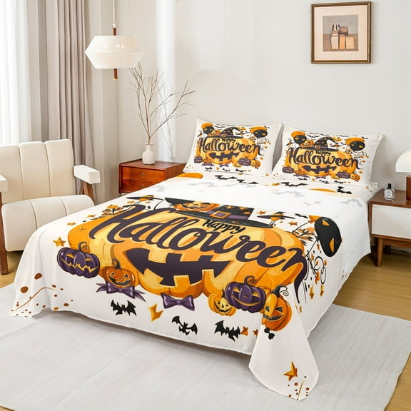 jejeloiu Halloween Spooky Pumpkin Twin Sheet Sets,Purple Kawaii Bowtie Twin Fitted Sheet,Happy Halloween Bats Flat Sheet For Child,Ultra Soft Bedroom Decorative,3-Piece