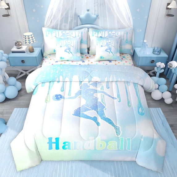 jejeloiu Handball Sport Theme 7 Pieces Bedding Comforter Set,Green Blue Ombre Full Bedding Set For Girls Kids Reversible