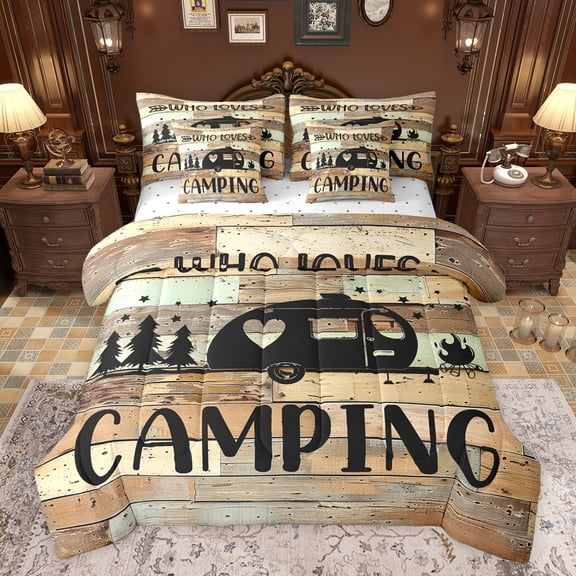 jejeloiu Happy Camping 7-Piece Bedding Comforter Set,Old Wooden Plank King Bedding Sets,Camper Car Rv Bed Sheets For Boys Kids,Ultra Soft Home Decor Reversible