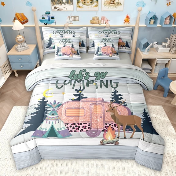 jejeloiu Happy Camping 7-Piece Twin Bedding Sets,Chic Camper Car RV Bedding Comforter Set For Boys Girls Reversible