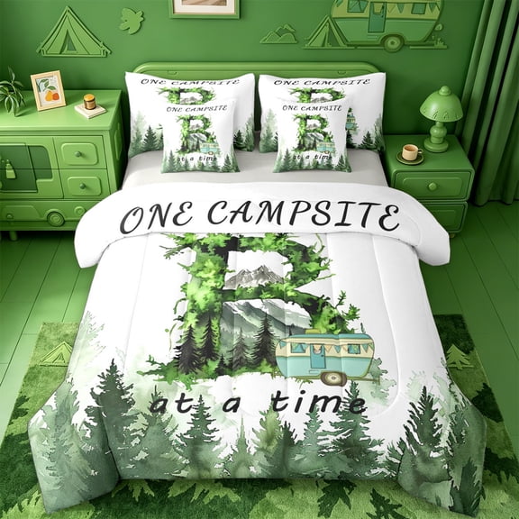 jejeloiu Happy Camping 7-Piece Twin Bedding Sets For Kids,Initial Letter B Bedding Comforter Set For Boys,Light Gray Reversible